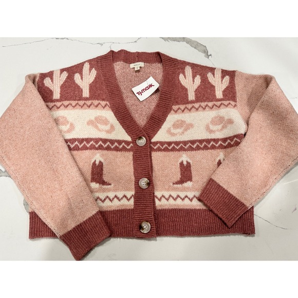 debut Sweaters - Debut Western Cowboy Cardigan Sweater Cactus Hat Boots Knit Pink Size S